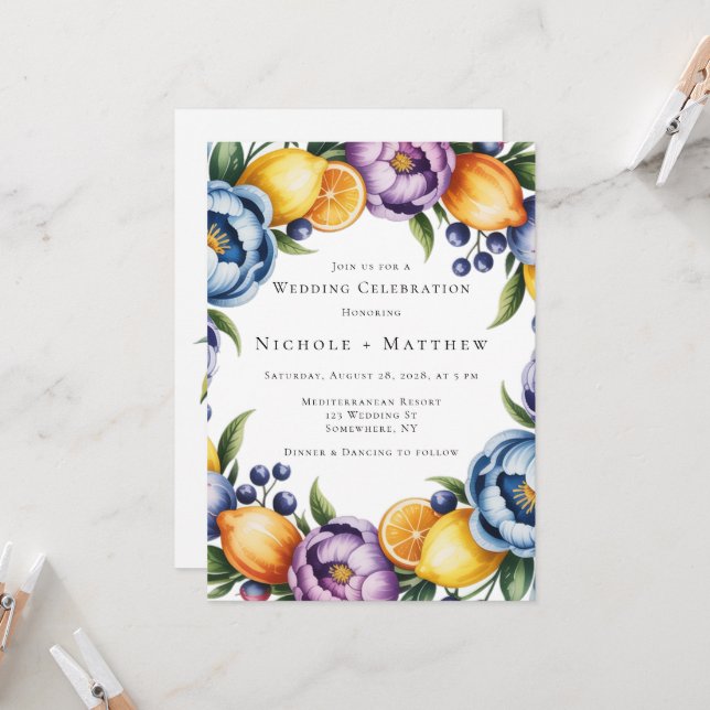 Mediterranean Citrus Bouquet Wedding Invitation (Front/Back In Situ)