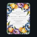 Mediterranean Citrus Bouquet Wedding Magnet<br><div class="desc">Add a fresh, romantic touch to your wedding stationery with this vibrant watercolor citrus floral design. Featuring hand-painted lemons, oranges, blueberries, and blooming garden flowers in rich hues of purple, pink, and blue, this elegant bouquet is perfect for spring or summer weddings. Ideal for invitations, thank you cards, signage, or...</div>