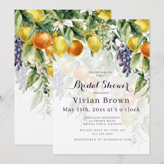 Mediterranean Citrus Garden Bridal Shower Invitation (Front/Back)