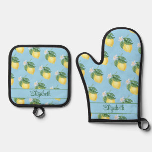 Mediterranean Citrus Lemon Custom Name Oven Mitt & Pot Holder Set