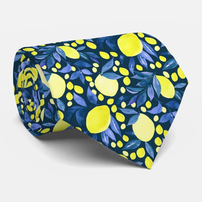 Mediterranean Citrus Lemon Pattern Tie (Rolled)