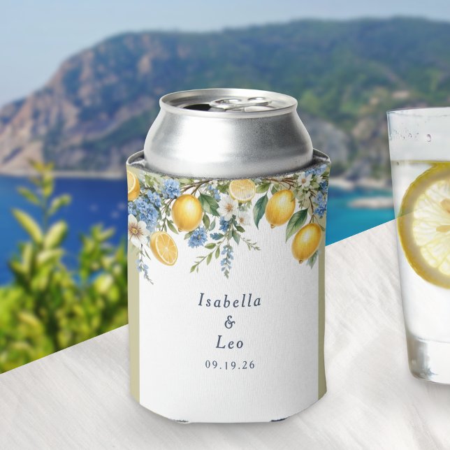 Mediterranean Citrus Lemons Personalised Wedding Can Cooler (A can cooler with Mediterranean lemons design, with newlyweds' names and wedding date)