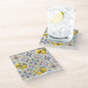 Mediterranean Citrus Majolica Tile Pattern Glass Coaster