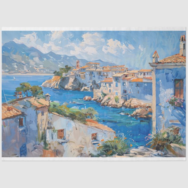 Mediterranean Coast Town Impressionist Decoupage Tissue Paper (Front)