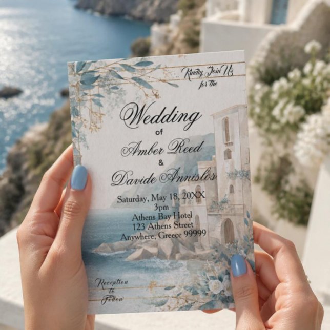Mediterranean Coastal Blue & White Wedding Invitation (Creator Uploaded)