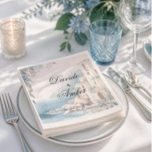 Mediterranean Coastal Blue & White Wedding Napkin