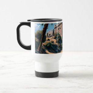 Mediterranean Coastal Fortress & Palm Tree Travel Mug