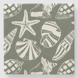 Mediterranean Coastal Seashell Toile Ionian Olive Stone Coaster