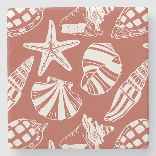 Mediterranean Coastal Seashell Toile Terracotta Stone Coaster (Front)
