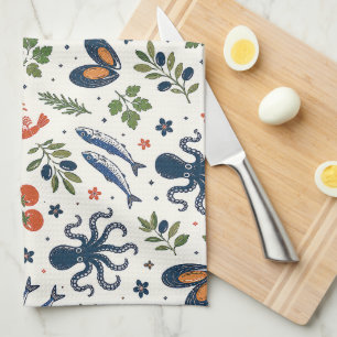 Mediterranean Coastal, Tomato, Octopus & Seafood Tea Towel