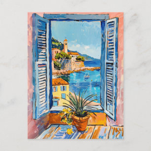 Mediterranean Coastal View Through Open Window Postcard