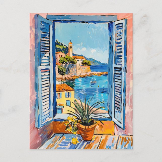 Mediterranean Coastal View Through Open Window Postcard (Front)