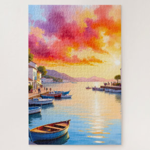Mediterranean Coastal Village Sunset Jigsaw Puzzle