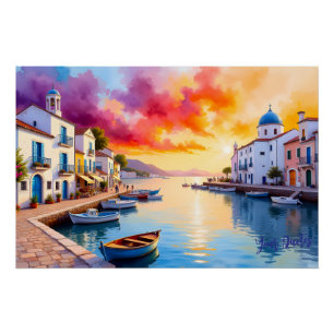 Mediterranean Coastal Village Sunset Poster