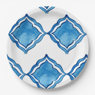 Mediterranean Cobalt Blue Tile Round Paper Plate