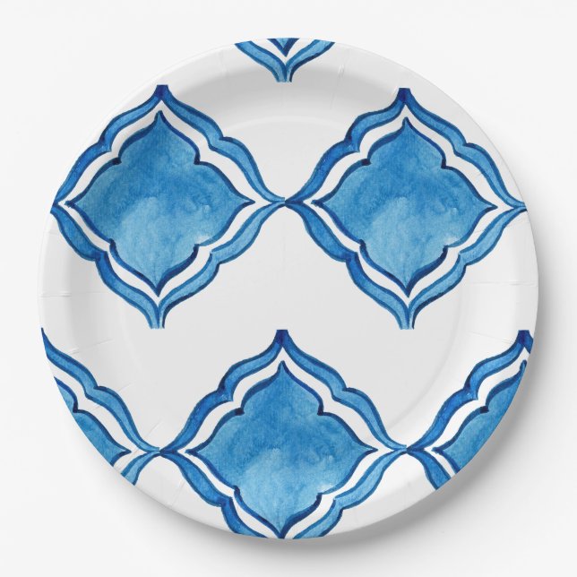 Mediterranean Cobalt Blue Tile Round Paper Plate (Front)