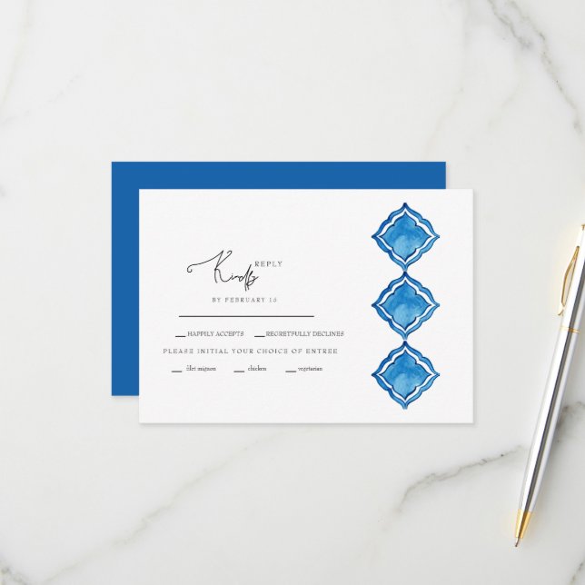 Mediterranean Cobalt Blue Tile Wedding RSVP Card (Front/Back In Situ)