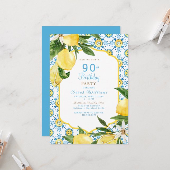 Mediterranean  Colourful 90th Birthday Party  Invitation (Front/Back In Situ)