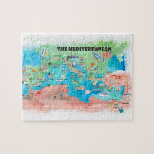 Mediterranean Cruise Travel Poster Map Spain Italy Jigsaw Puzzle