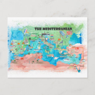 Mediterranean Cruise Travel Poster Map Spain Italy Postcard