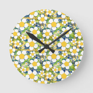 Mediterranean Daisy Blue Yellow and White Round Clock