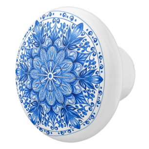 Mediterranean Delft Blue Azulejo Portuguese Floral Ceramic Knob