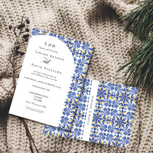 Mediterranean Elegant Blue and Yellow Wedding  Invitation