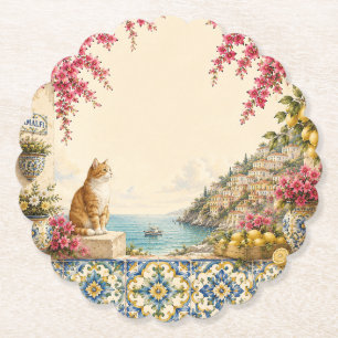 Mediterranean Escape Cat Coastal Party Decor Paper Coaster