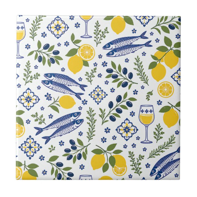 Mediterranean Fish, Lemons & Wine, Coastal Kitchen Tile (Front)