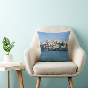 Mediterranean Fishing Boats in Blue Sea Design Cushion