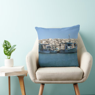 Mediterranean Fishing Boats in Blue Sea Design Cushion