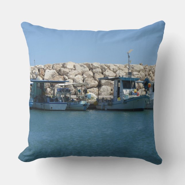 Mediterranean Fishing Boats in Blue Sea Design Cushion (Front)