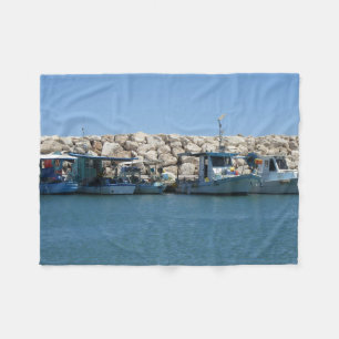 Mediterranean Fishing Boats in Blue Sea Design Fleece Blanket
