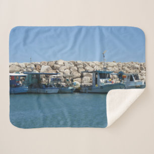 Mediterranean Fishing Boats in Blue Sea Design Sherpa Blanket