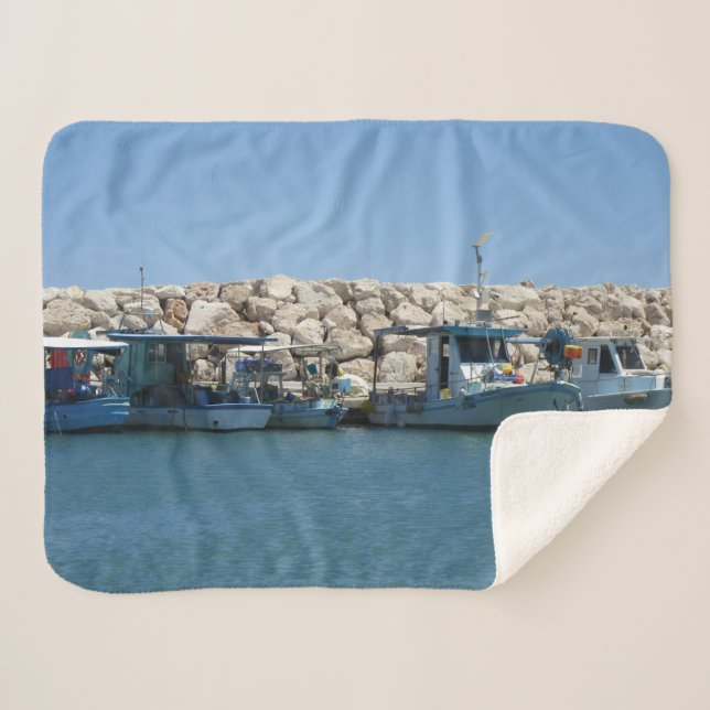 Mediterranean Fishing Boats in Blue Sea Design Sherpa Blanket (Front (Horizontal))