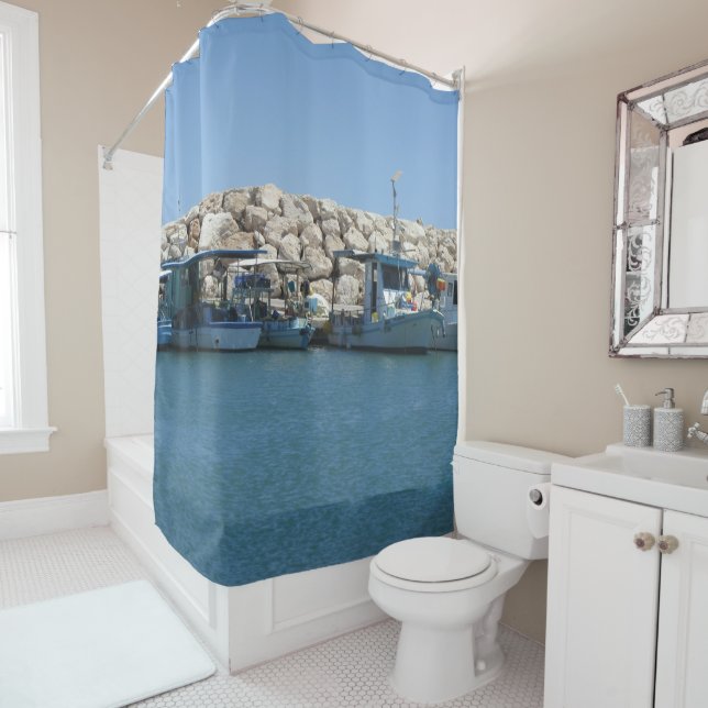 Mediterranean Fishing Boats in Blue Sea Design Shower Curtain (In Situ)
