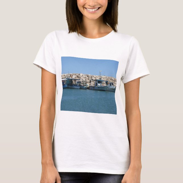 Mediterranean Fishing Boats in Blue Sea Design T-Shirt (Front)