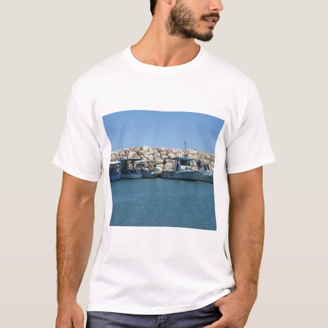 Mediterranean Fishing Boats in Blue Sea Design T-Shirt (Front)