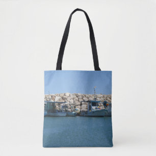 Mediterranean Fishing Boats in Blue Sea Design Tote Bag