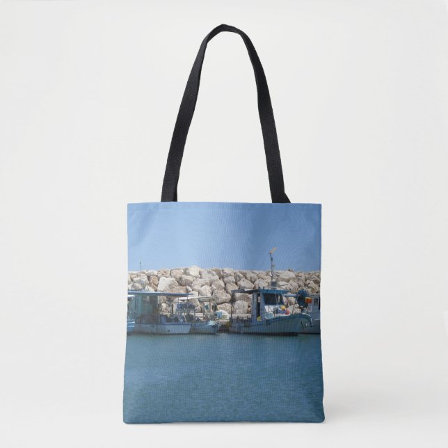 Mediterranean Fishing Boats in Blue Sea Design Tote Bag (Front)