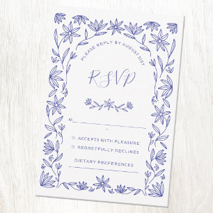 Mediterranean Floral Blue White Wedding RSVP Card