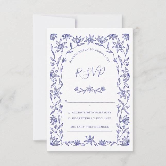 Mediterranean Floral Blue White Wedding RSVP Card (Front)