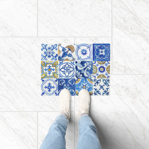 Mediterranean Floral Blue, White & Yellow Pattern Doormat