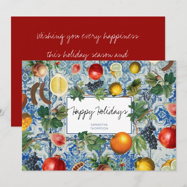 Mediterranean Fruit Blue Mosaic Christmas Card (Front/Back)