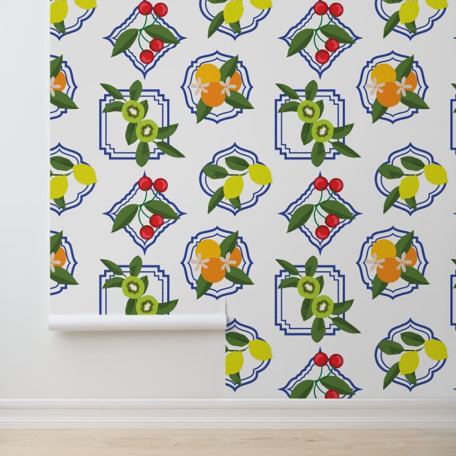Mediterranean Fruit Patterned Wallpaper (Application)