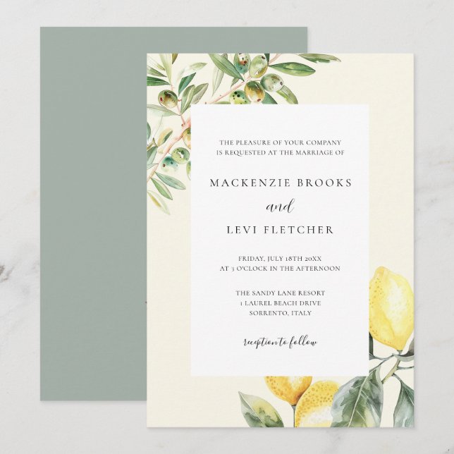 Mediterranean Garden Elegant Lemon Wedding Invitation (Front/Back)