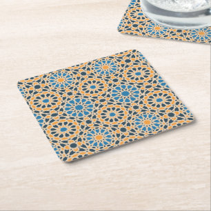 Mediterranean Geometric Tile & Orange Pattern Square Paper Coaster