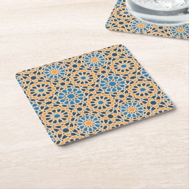 Mediterranean Geometric Tile & Orange Pattern Square Paper Coaster (Angled)
