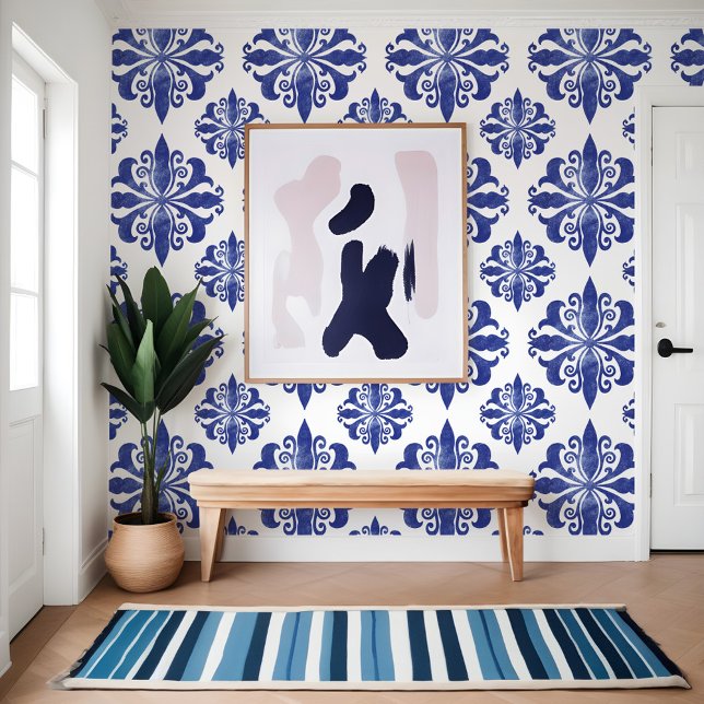 Mediterranean Greece Blue Antique Floral Pattern Wallpaper (Mediterranean Greece Blue Antique Floral Pattern Wallpaper)