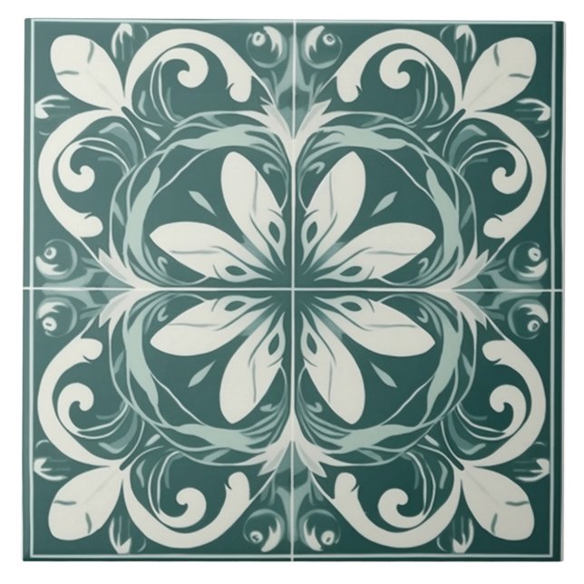 Mediterranean Green Flower Ceramic Tile (Front)